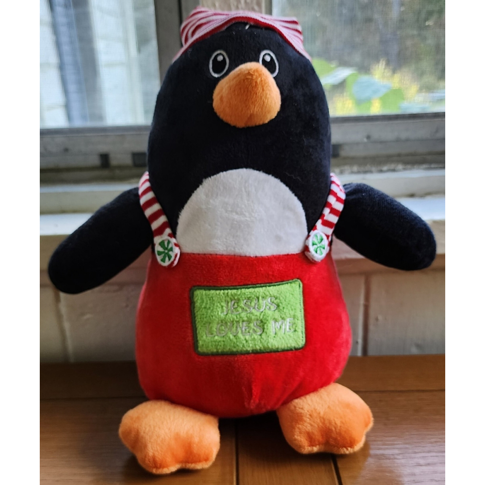 Jesus Loves Me Christmas Penguin Soft‎ Stuffed Plush Fiesta 10" Striped Overalls